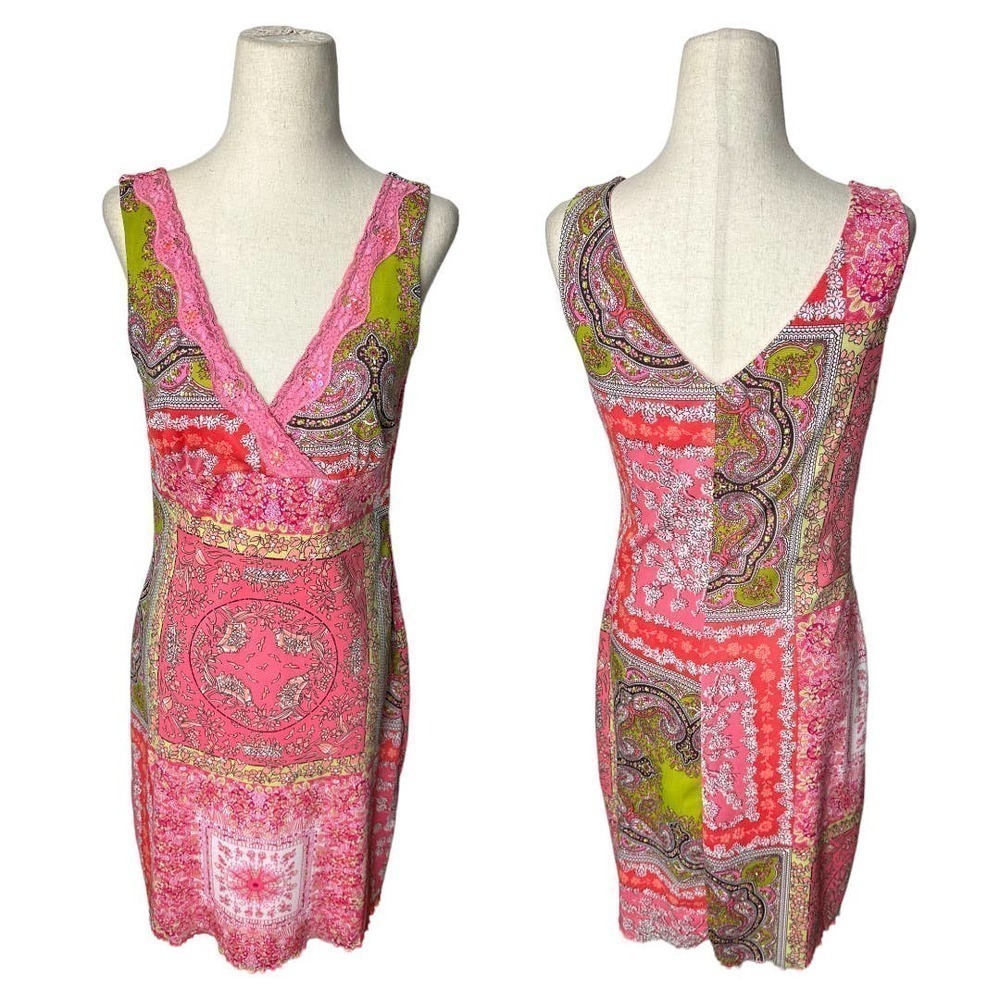 Xhilaration Vintage Y2K Paisley Boho Print Lace Trim Midi Dress in Pink